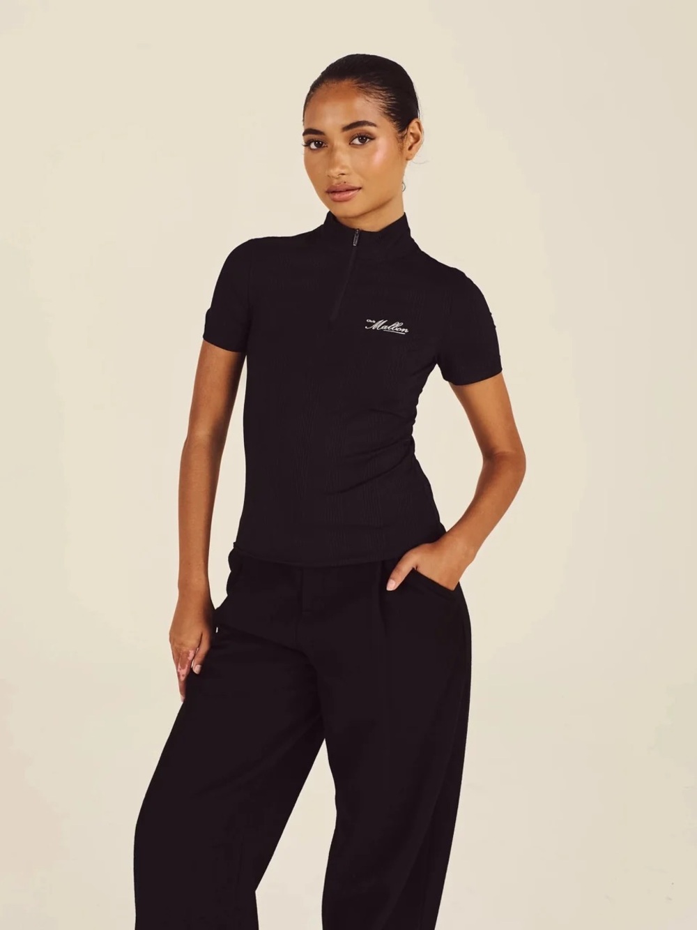EUC Malbon Women's Black Isabella Short-Sleeve Zip Mockneck Top - XS